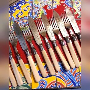 Antique Silverplate Fish Knife And Fork Set 12 Pcs Bone Handles EPNS Ornate Vntg